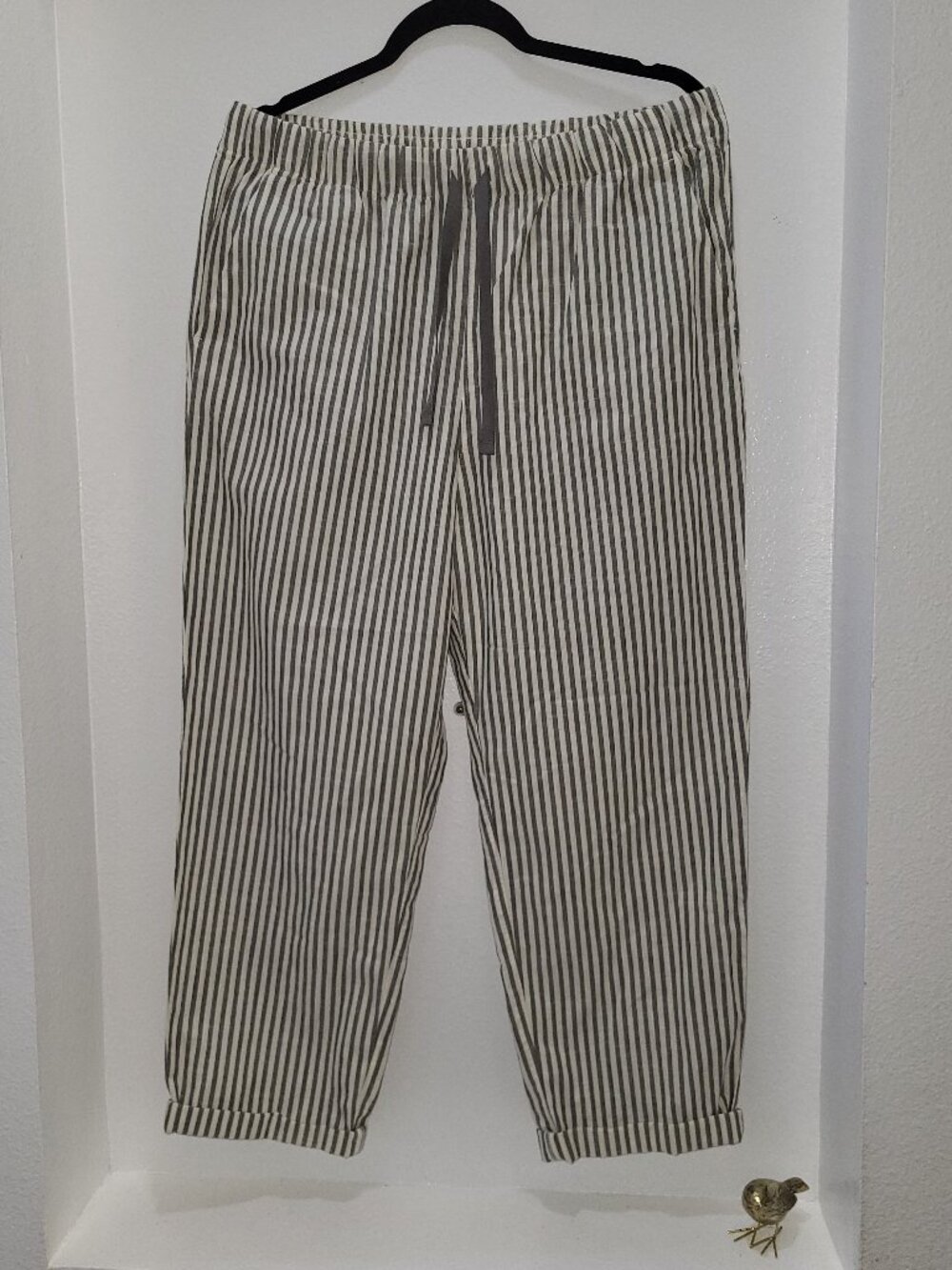 100 % Cotton Uniqlo pull on Pants Womens Large Striped Drawstring Ankle Pockets